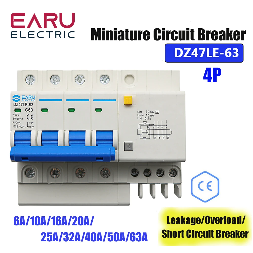 

DZ47LE-63 Household Air Switch Miniature Circuit Breaker 4P Switch With AC400V Leakage Protector RCBO Three-phase Main Gate