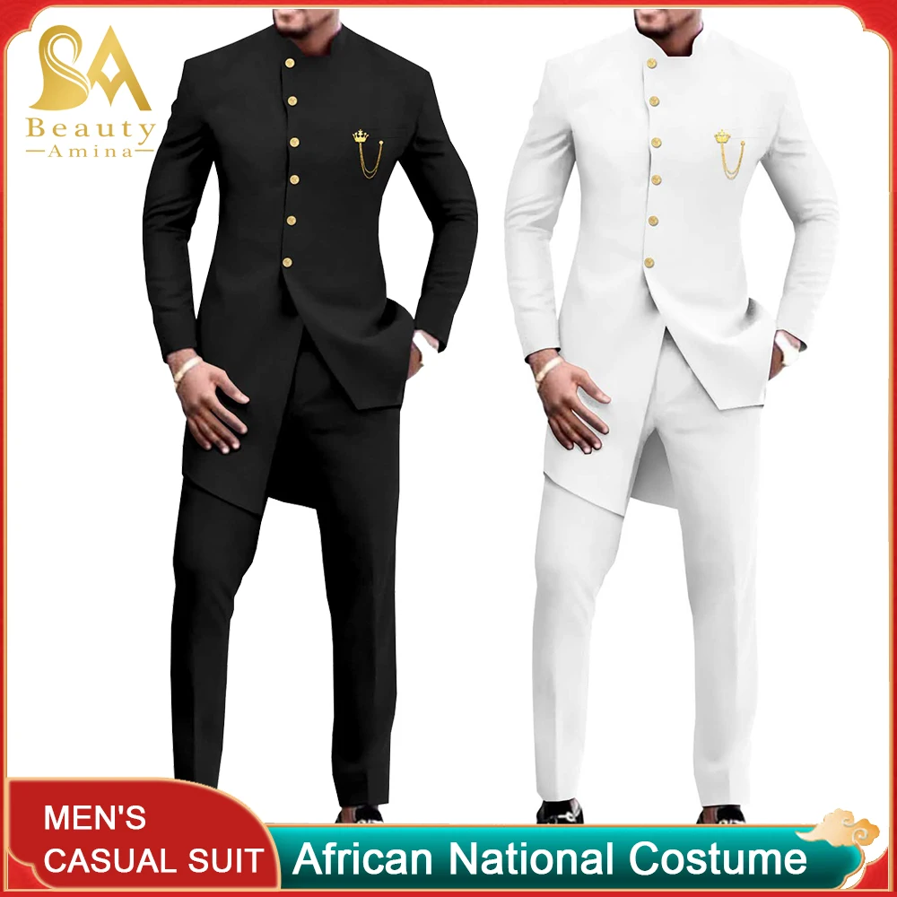 

African Suit Men Long Embroidery Jackets and Pants 2 Pcs Slim Fit Formal Outfits Wedding Fashion Mens Printed African Clothing