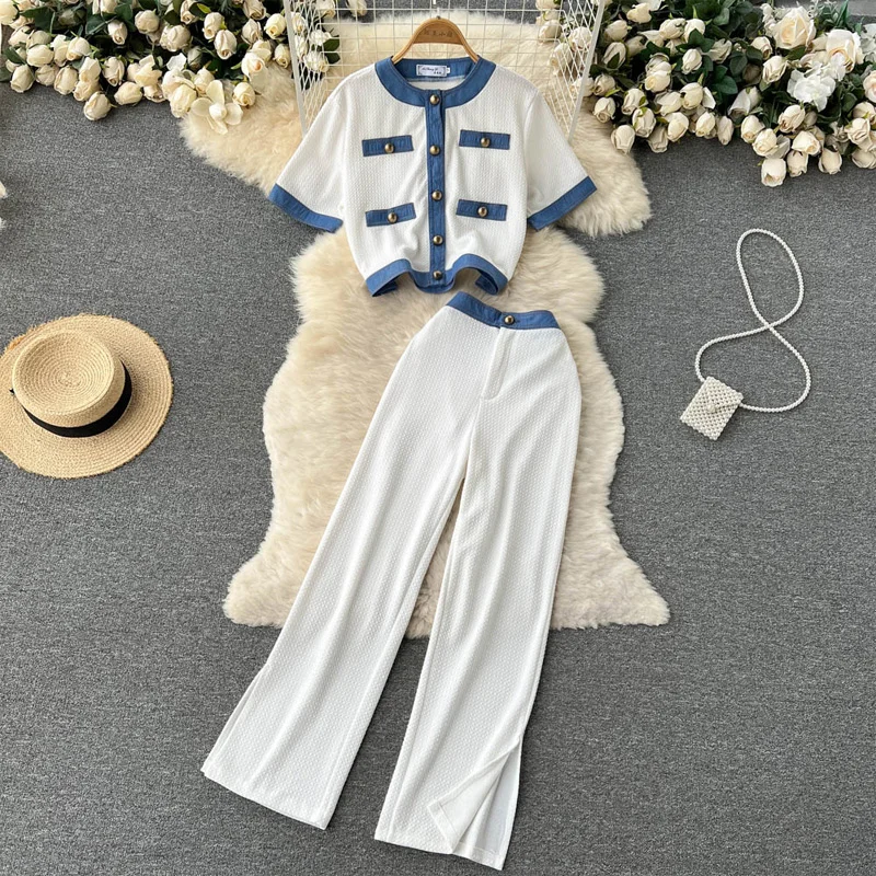 

High Quality Korean Fashion Casual Sports Two Piece Set Women Outfits Retro Button Cardigan Jacket Tops+Wide Leg Pants Suits