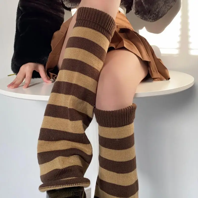 

Y2k Casual Striped Flare Leg Warmers Women Stretchy Knee-high Boots Cover Socks Japanese Girl Slouchy Calf Cover 1pair New