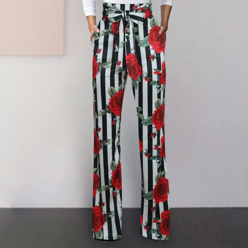 

Women Pants Flower Print High Waist Wide Leg Straight Women Trousers Lace Up Full Length Loose Lady Commute Long Trousers