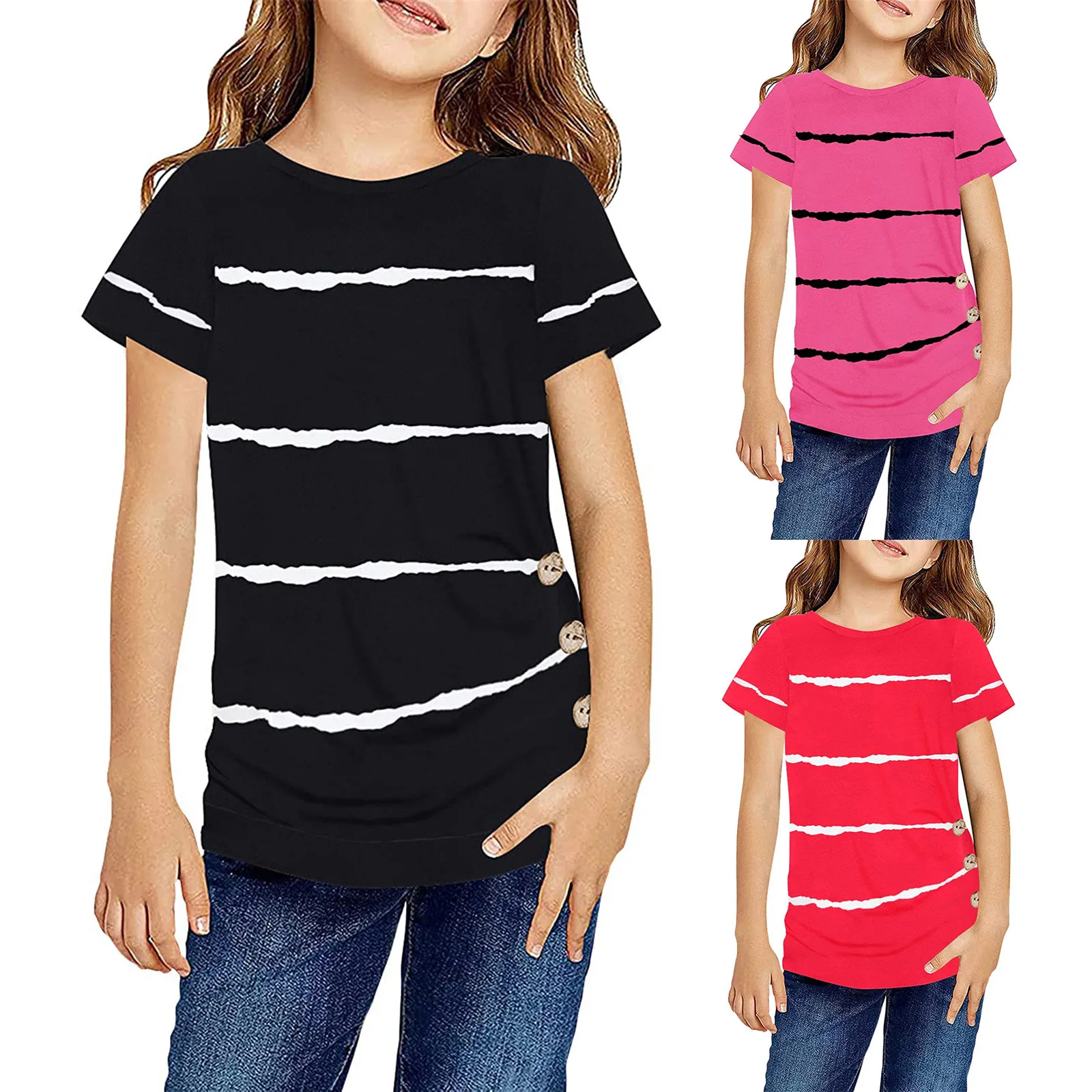 

Повседневные футболки с коротким рукавом для маленьких девочек, туника с круглым вырезом, топы, Детская футболка в полоску с пуговицами, зим...