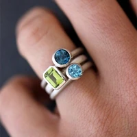 3pcsset elegant blue zircon rings bridal set for women wedding jewerly fashion geometric rhinestones lovers promise ring gift