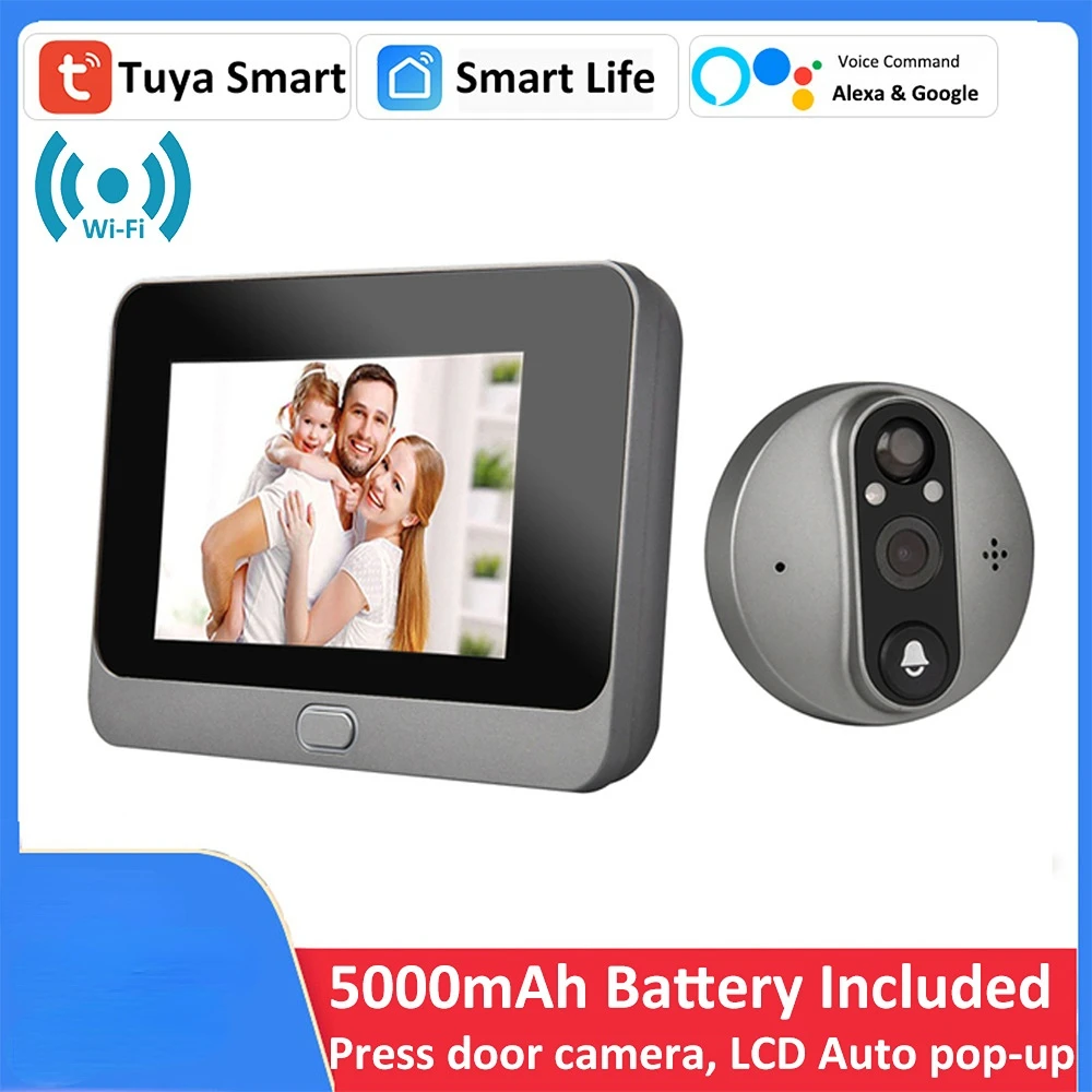 Smart Tuya 1080P Wifi Campanello Per Porte Eye Spioncino Fotocamera 5000Mah Audio 4.3 'Pir Fhd Infrarossi Alexa Google Annuncio Visualizzatore Digital