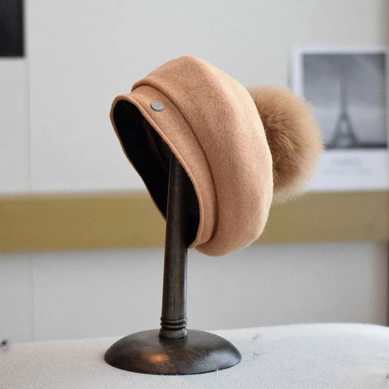 

Beret Pompom Women Hat Winter Wool Beanie Real Fur Autumn Warm Soft Skiing Accessory For Sports Outdoors