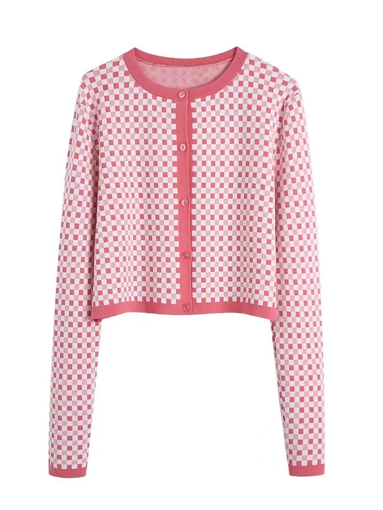 

2022 2PCS Spring Women Plaid Knitted Sweater Square Collar Camis +Long Sleeve Tops Vintage Chic Female Soft Sweet Outwear