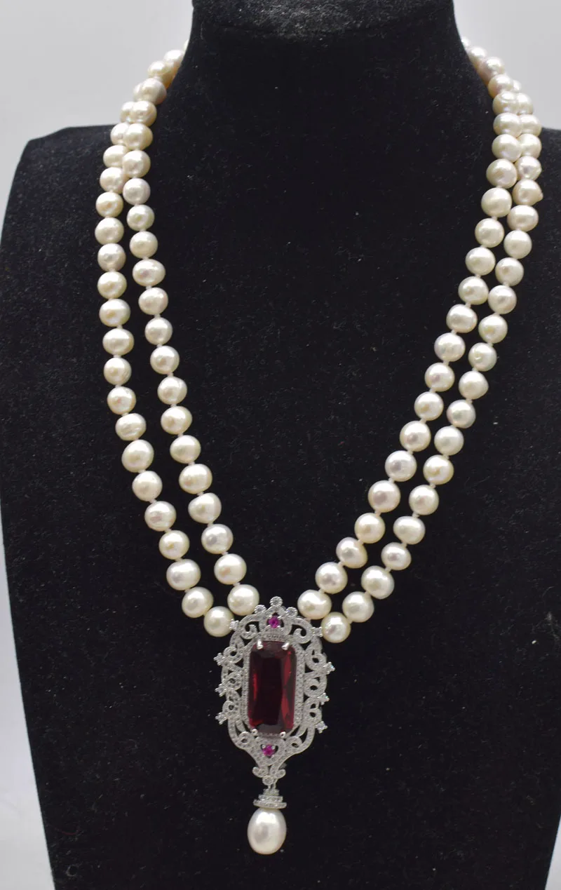 2rows freshwater pearl white near round 8-9mm necklace red zircon nature beads wholesale 17-18inch