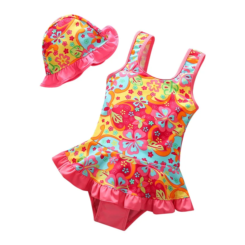 

3-7 Years Toddler Baby Kids Girls Summer Sweet Swimsuits Floral Print Ruffles Swimwear Beachwear Bathing Suit with Hat