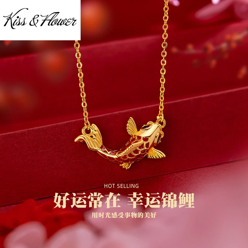 

KISS&FLOWER NK340 FineJewelry Wholesale Woman Girlfriend Party Birthday Wedding Christmas Gift LuckyCarp Fish 24KT Gold Necklace