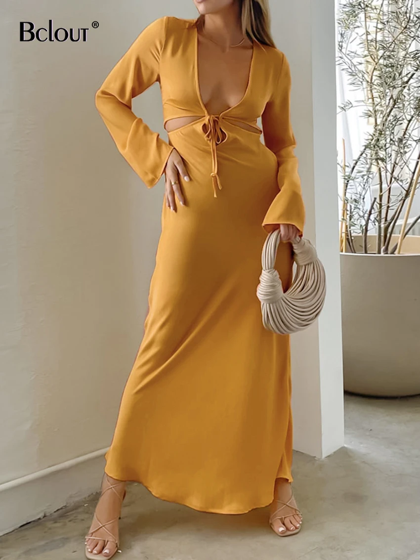 

Bclout Vintage Yellow Dresses Women 2023 Elegant V-Neck Long Sleeve Lace-Up Party Long Dress Fashion A-Line Sexy Evening Dresses