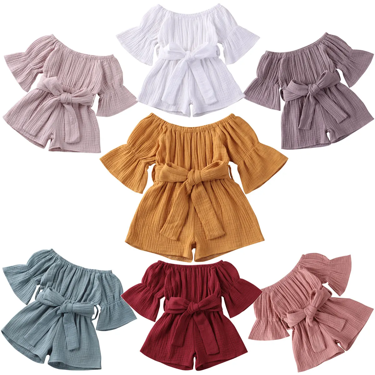 

Kid Baby Girls Short Sleeve Off Shoulder Romper Jumpsuit Solid Bow Playsuit Clothing 2021 New