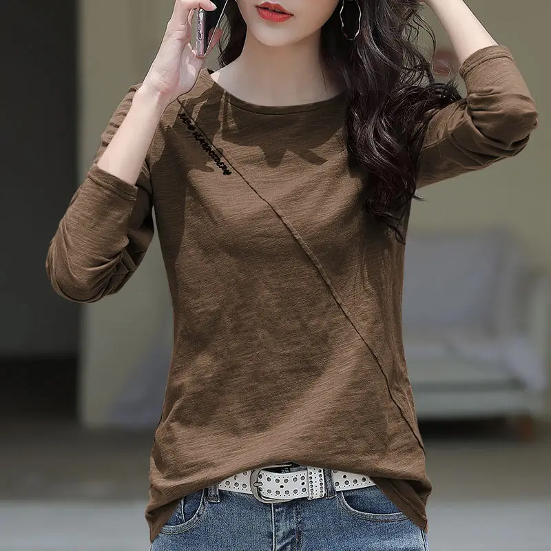 

Новинка 2023, хлопковая Футболка с круглым вырезом, Женская Осенняя Модная рубашка с длинным рукавом, женская футболка, свободные женские руб...