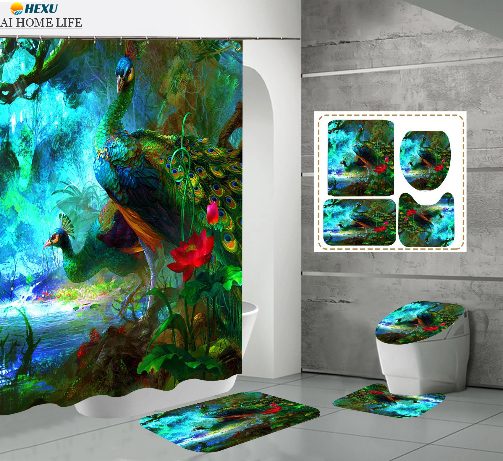 

Elegant Watercolor Peacock Shower Curtain Home Flannel Bath Mat Set Bathroom Decor Waterproof Toilet Carpet Door Mats Floor Rug
