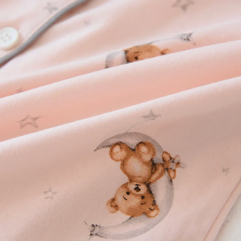 Women Cartoon Bear Pink Color Cotton Pajamas Set 2 Pieces Pajamas Sleepwear Set Long Sleeves Soft Comfort Pyjamas PJ Set