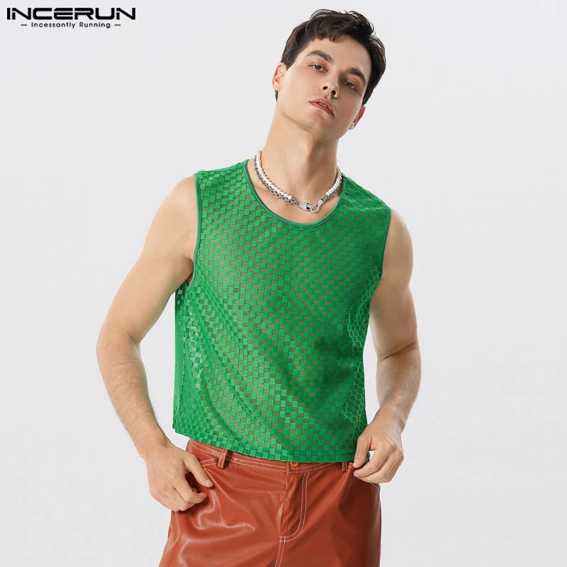

Майка INCERUN Мужская сетчатая, прозрачная Модная рубашка в клетку, с круглым вырезом, без рукавов, пикантная уличная одежда, лето 2023