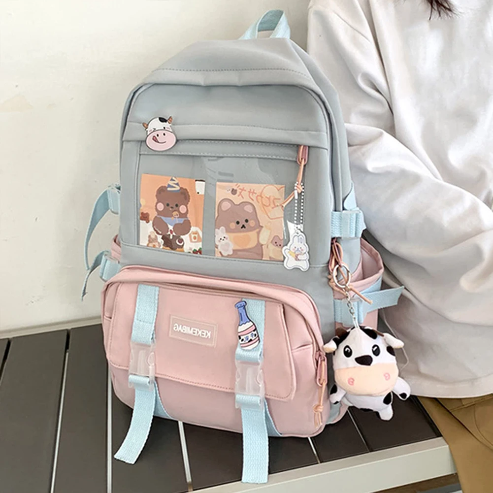 

Women Contrast Color Knapsack Large Capacity Backpack Students School Patchwork Knapsack Canvas Handbags with Badge Shoulder Bag