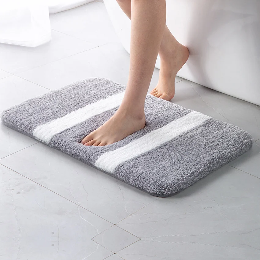 

Plush Bath Mat Home Entry Doormat Bathroom Non-slip Strong Absorbent Rug Gray Striped Shaggy Mats Living Room Floor Carpet