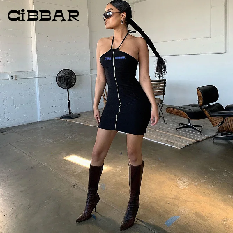 

Платье-футляр CIBBAR с лямкой на шее, мини-платья в байкерском стиле, одежда для вечевечерние, сексуальное платье с яркими линиями и украшением