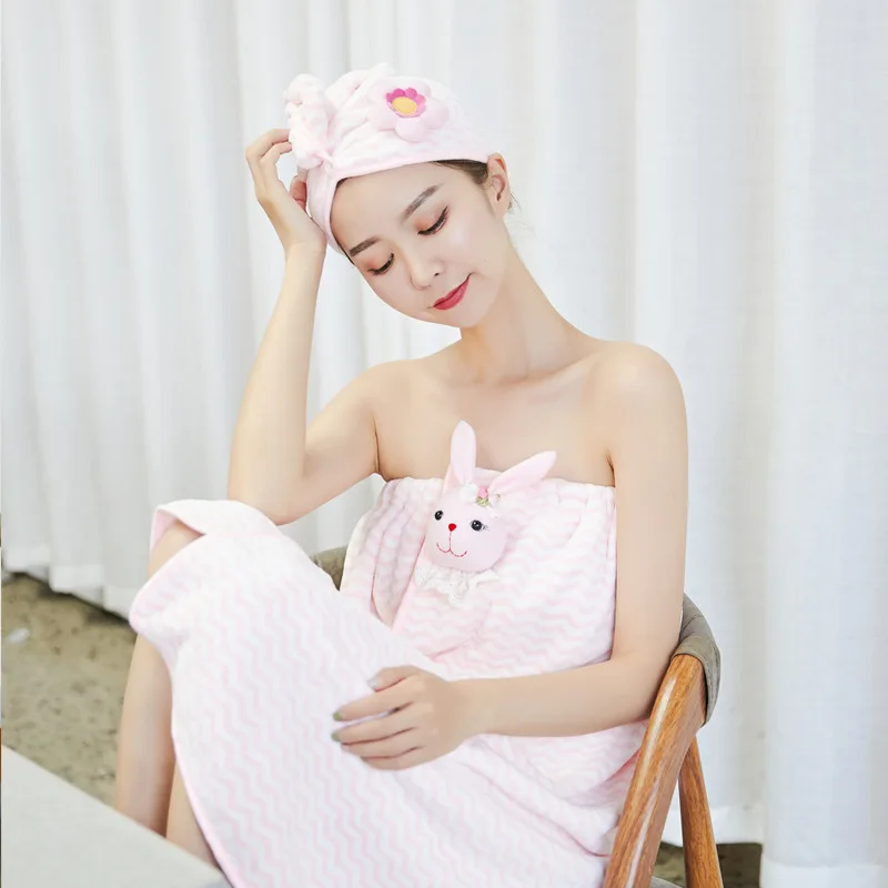 

Simple Wavy Striped Bath Skirt Cartoon Rabbit Embroidery Absorbent Coral Fleece Bath Towel