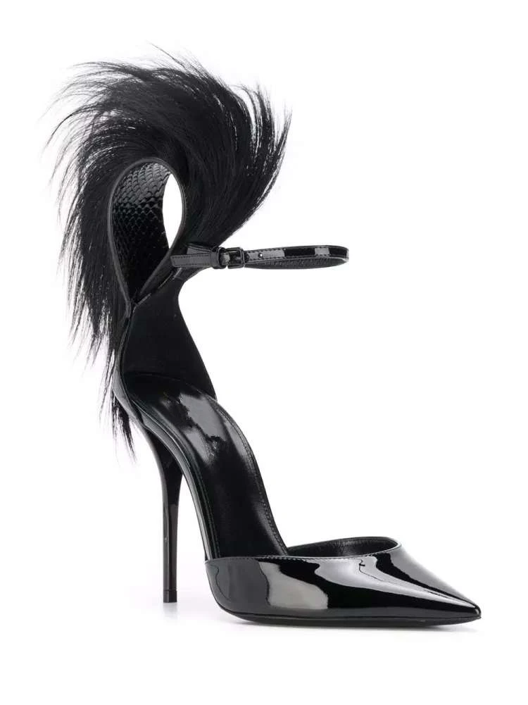 

2022 Women Beautiful Feather Decoration Summer Black Sandal Shoes Female Pointed Toe High Heel Stiletto Gladiator Sandals Shoes