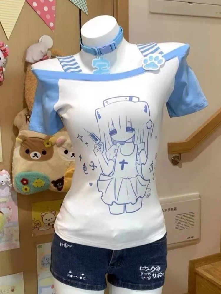 Фото HOUZHOU Y2k Kawaii White Juminocore женские футболки Cutecore с коротким рукавом в полоску с открытыми плечами японские модные тонкие футболки Gyaru №2