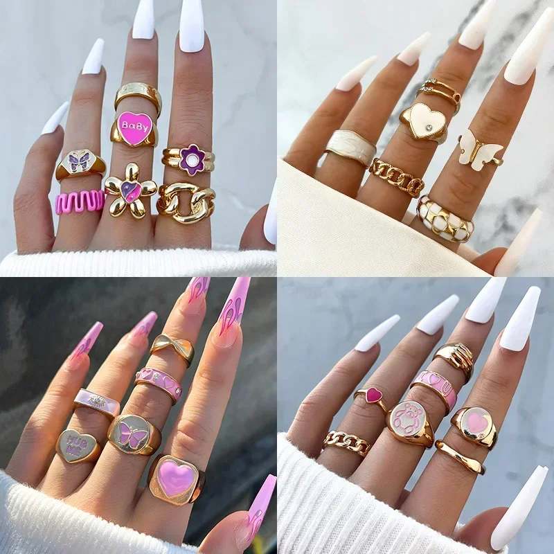 Набор женских колец в богемном стиле с разноцветной эмалью