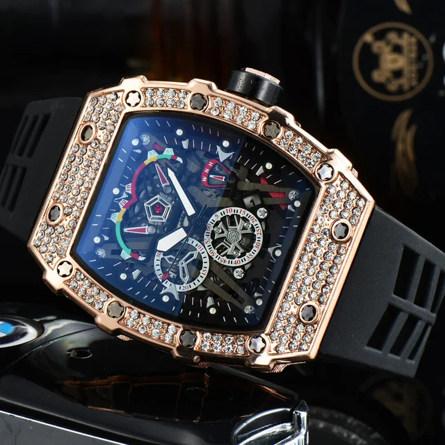 

Роскошные часы 2022 pin, новые мужские высококачественные кварцевые часы со стразами, чехол из нержавеющей стали, часы с черной резиной