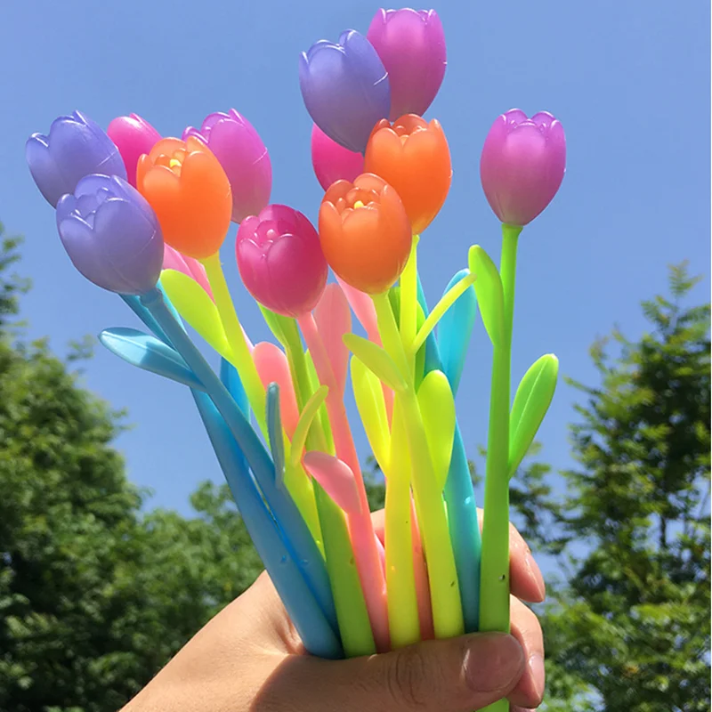 

2pcs Color Changing Flower Gel Pen 0.5 Black Water Pen Creative Sun Will Change Color Tulip Pen