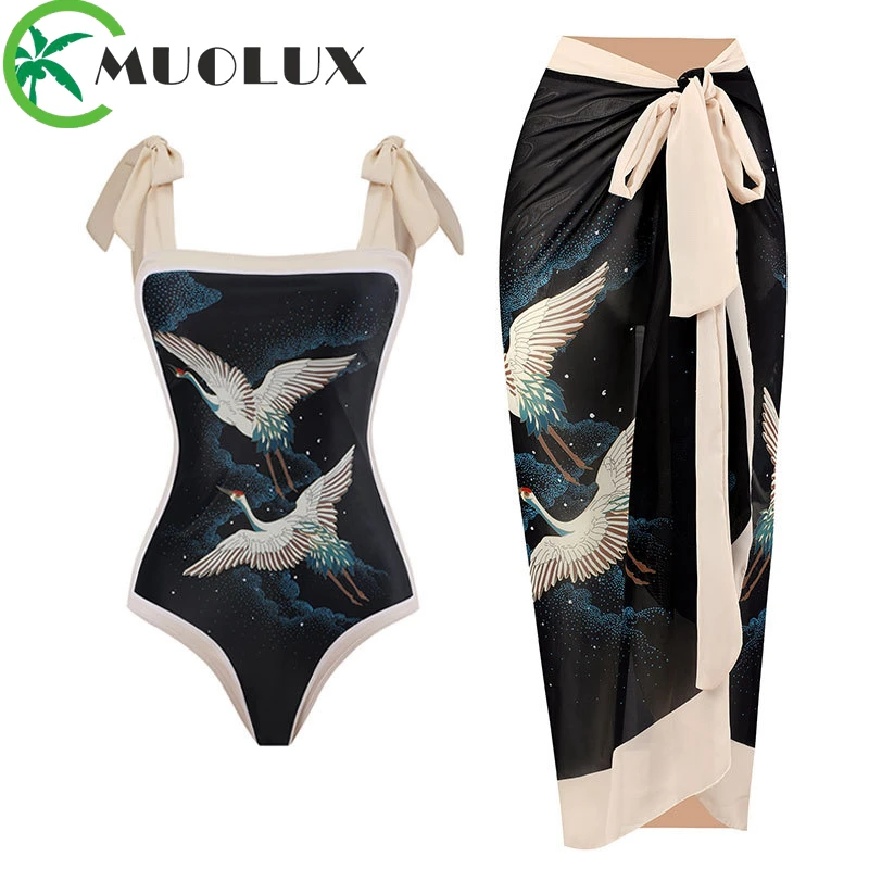 

MUOLUX 2023 New Vintage Print One Piece Swimsuit Women Swimwear Skirt Sexy Cover Up Beach Female Monokini Swim Dress Bodysuit