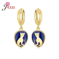 punk fashion cute cat animals charms blue enamel gold drop earrings for women girl trendy 925 sterling silver jewelry brincos