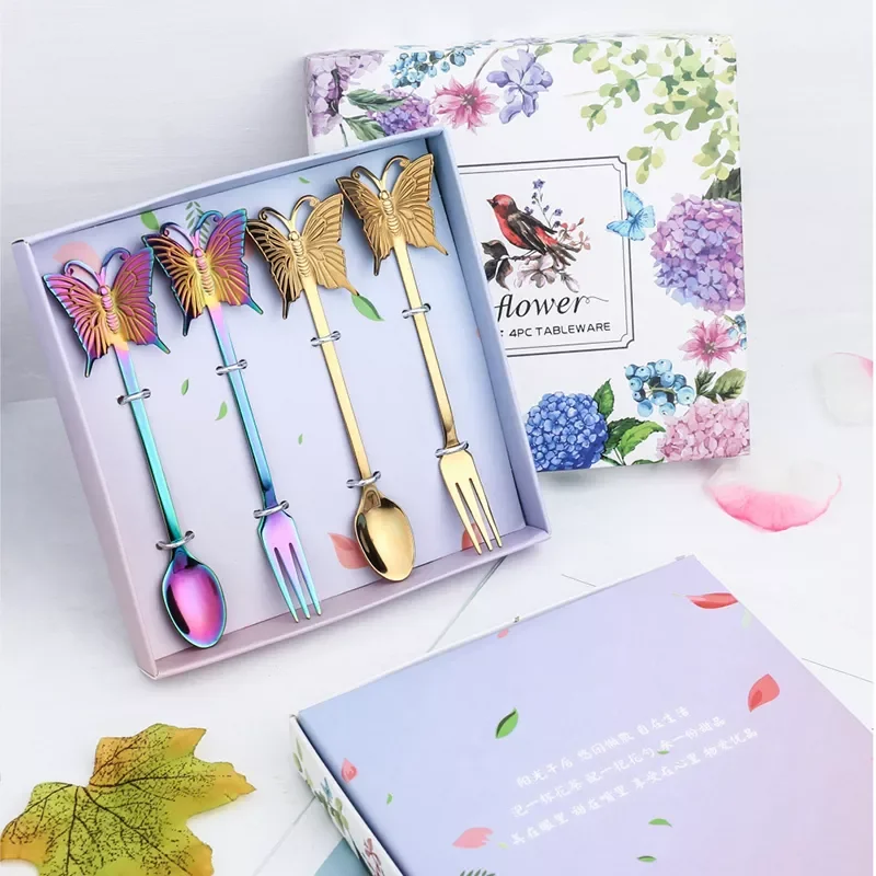 

4PCS New Butterfly Tea-Spoon and fork Creative Bar Tableware Stainless steel dessert coffee Spoon Christmas gift