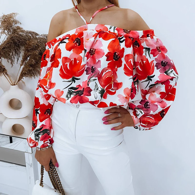 

PASSIONNÉ Floral Print Shirt for Women Halter Slash-neck Long Sleeve Crop Tops Female Autumn Fashion 2023 Casual Style New