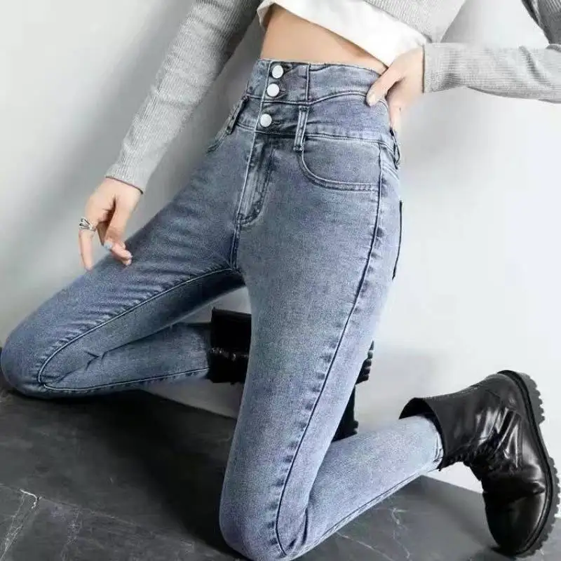 High Waist Jeans Women Pencil Pants Slim Tight-fitting Velvet Thickened Wearing Ankle-Length Pants Oversize Slouchy High Street