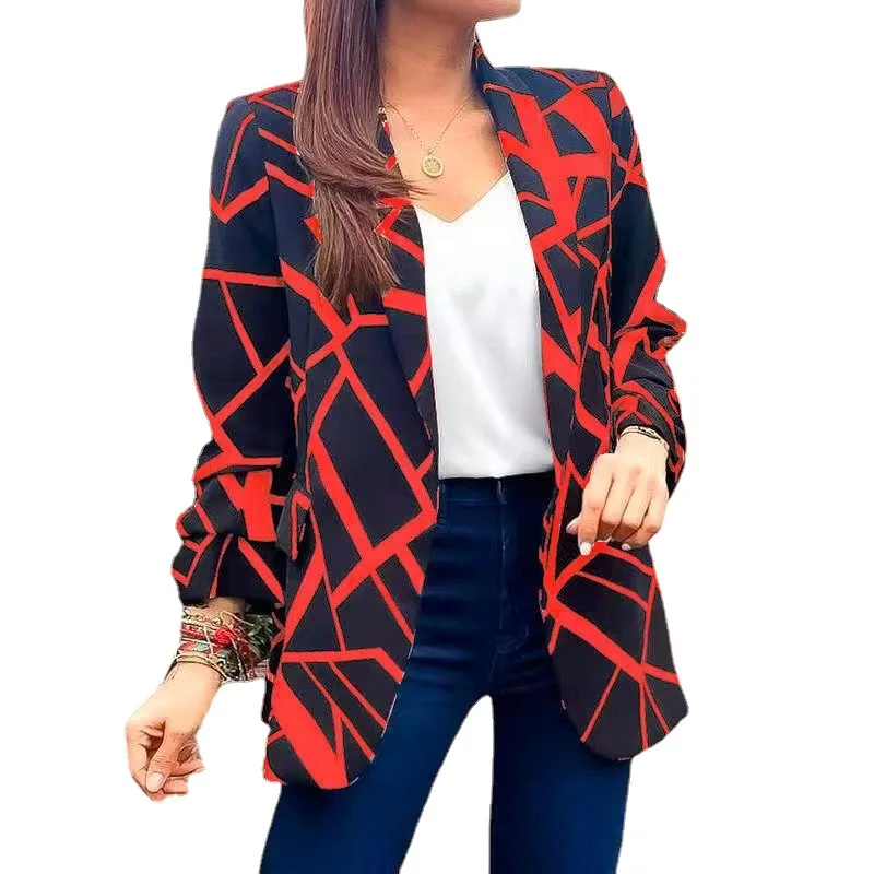2023 Women Blazer Spring Autumn Fashion Basic Geometrical Print Coat Long Sleeve Cardigan Female Clothing Causal