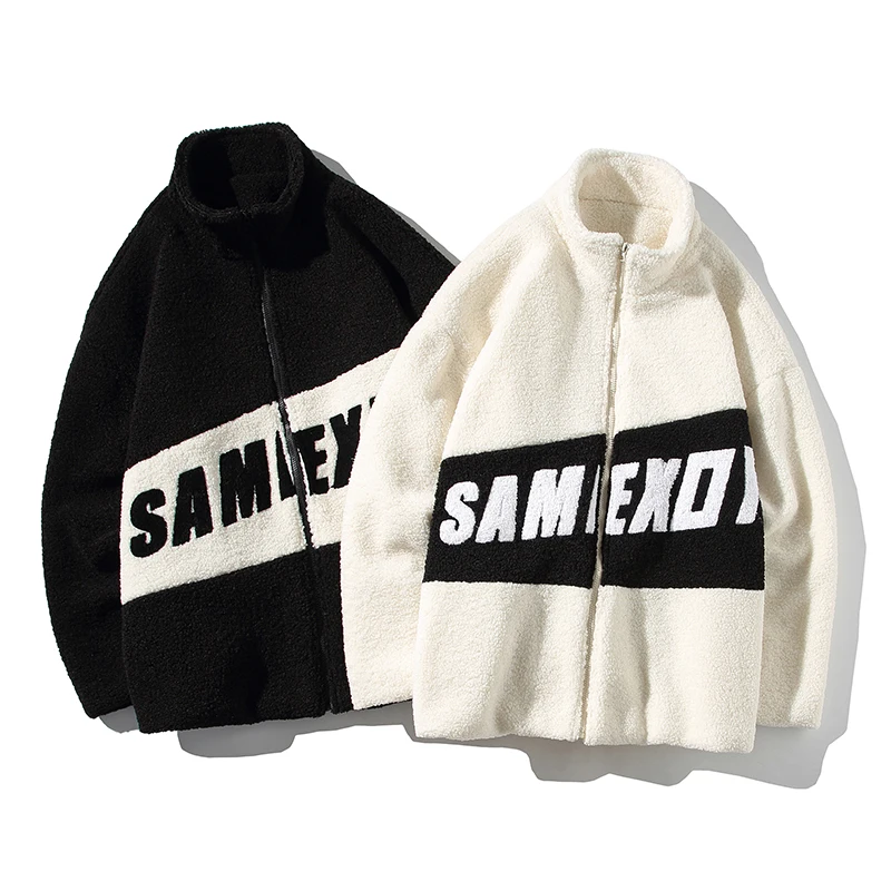 Winter Padded Fleece Jackets for Men Fashion Trends Patchwork Clothing Teen Plus Size Letter Print Coats Stand Collar Streetwear