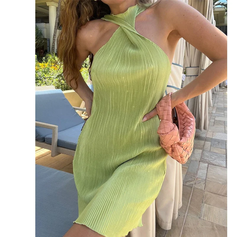 

2022 Women Summer Sexy Mini Dress Sleeveless Women Pleated Slim Dress Vestidos Clothes