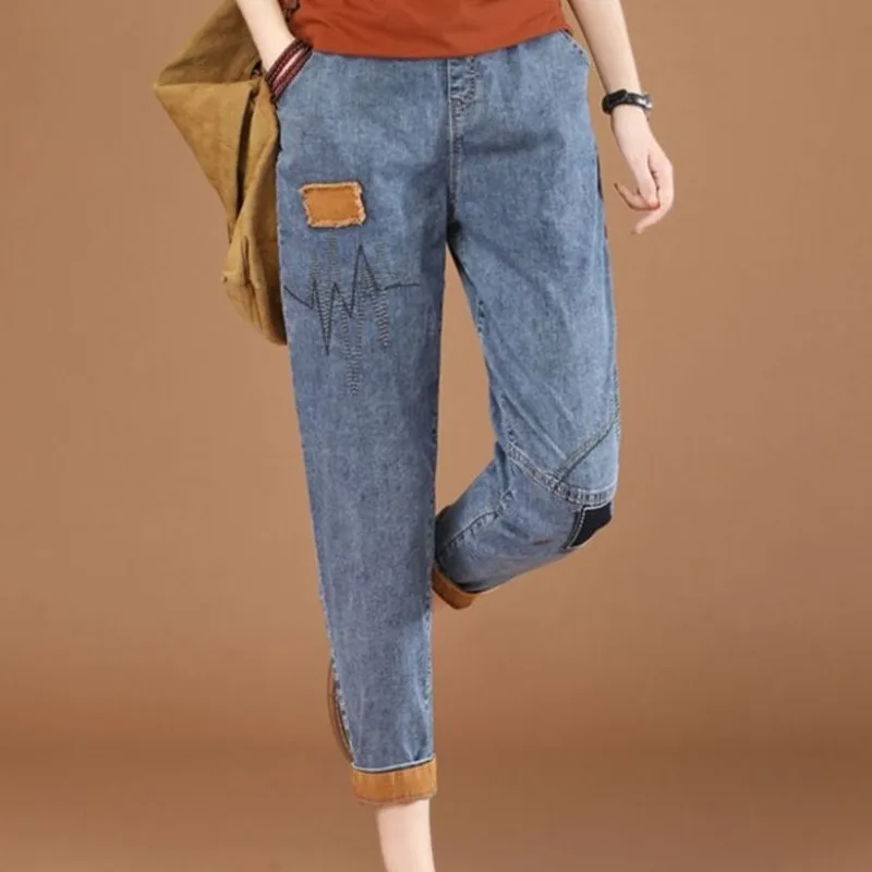 Джинсы с рисунком для женщин винтажные брюки эластичным поясом и карманами