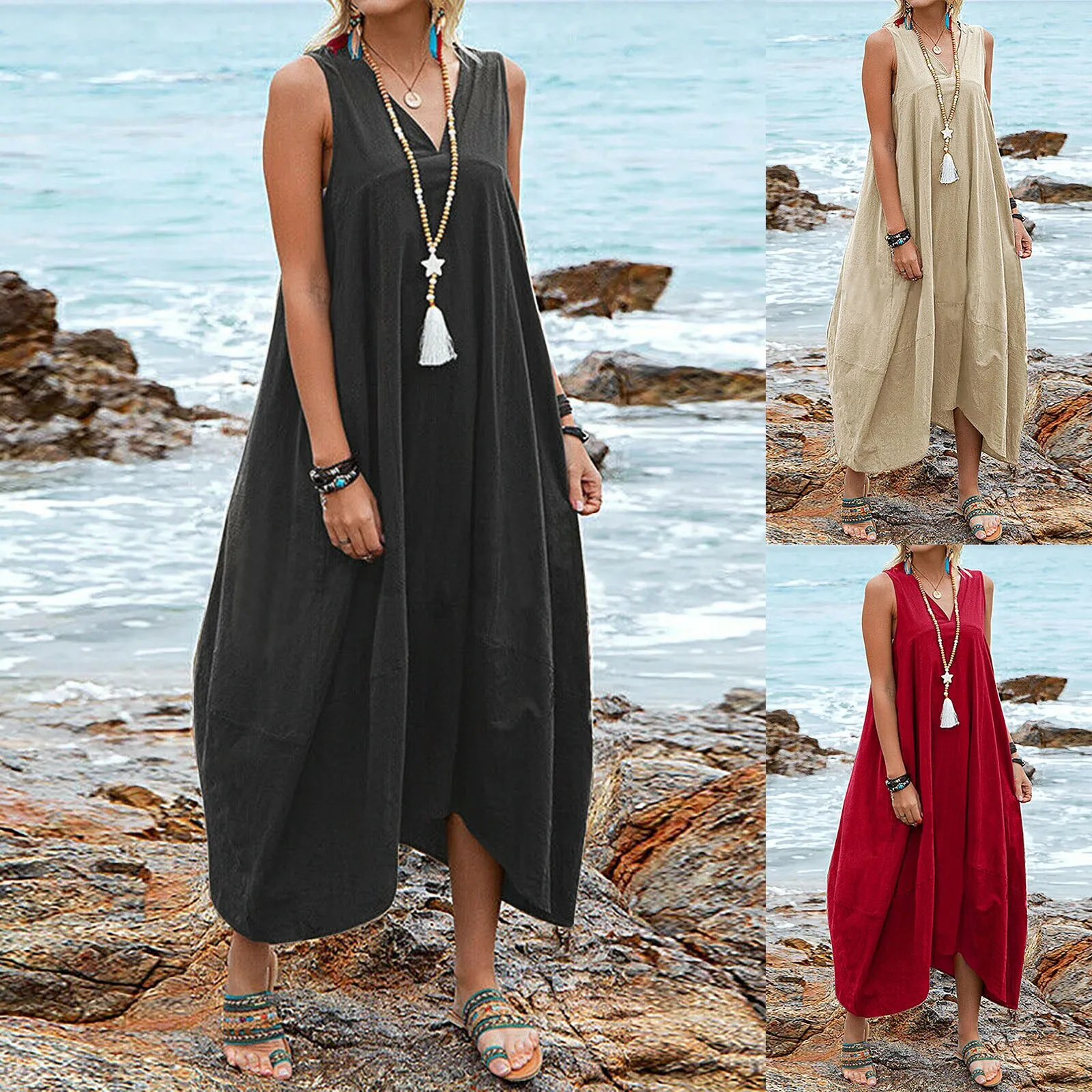 Платье женское длинное из хлопка и льна повседневное винтажное пляжное