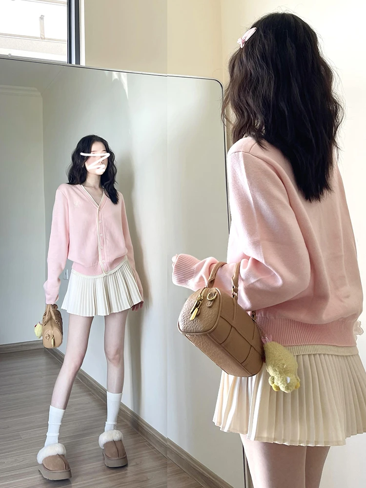 Новинка 2024 розовый лоскутный искусственный вязаный кардиган из двух предметов