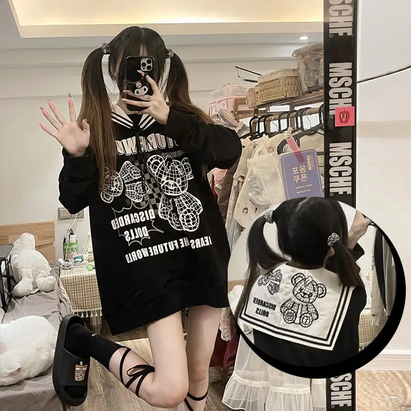 

HOUZHOU Kawaii Sailor Collar Hoodies Women Harajuku Cartoon Bear Print Loose Preppy Style Sweatshirt Navy Japanese Streetwear