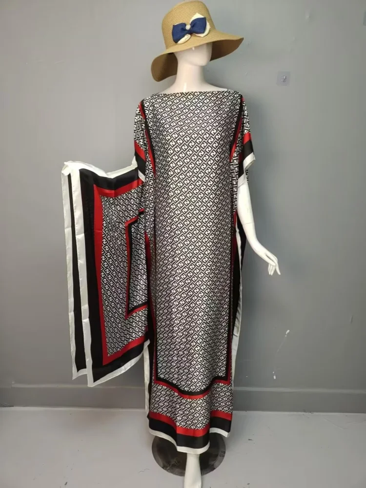 Фото 2025 neue Art Mode übergroße afrikanische Frauen Kleidung Dubai Dashiki Abaya Free Size Print Design mit Schal lockers langes K №4