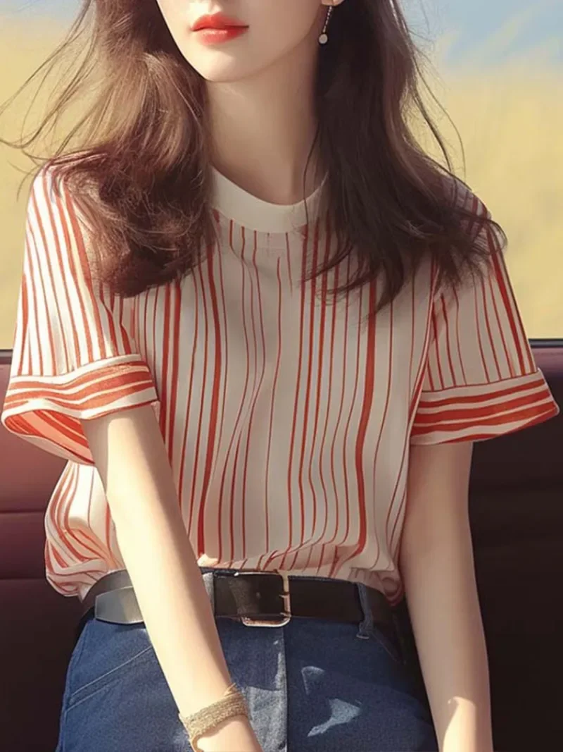 Шифоновая полосатая женская рубашка летняя новая винтажная одежда распродажа