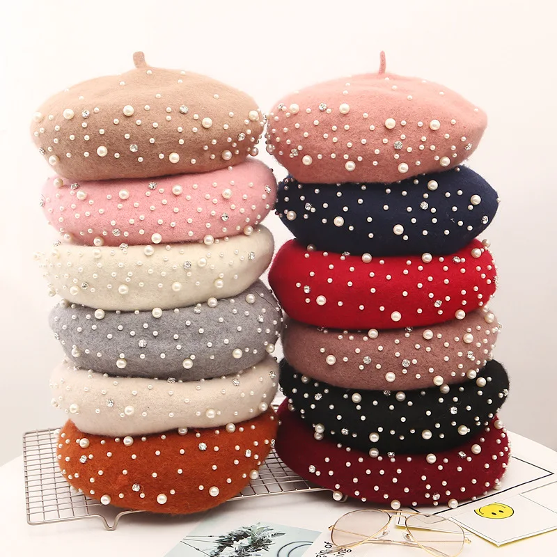 Women Girls Beret Wool Caps with Starry Beaded Pearl for Autumn Winter Spring French Artist Hat Free Shipping Y2K