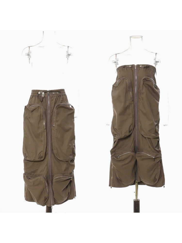 Double Wearable Heavy Zipper Medium Long Multi Pocket Cargo Skirt Women's Spring Autumn American Sleeveless Bodice Skirt Femal
