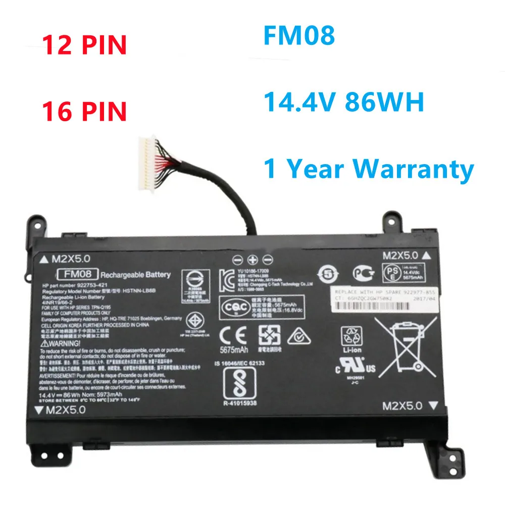 Новый FM08 14,4 V 86Wh 5675mAh аккумулятор для HP OMEN 17 17-AN013TX 17-AN014TX TPN-Q195 922753-421 922977-855 12PIN/16PIN