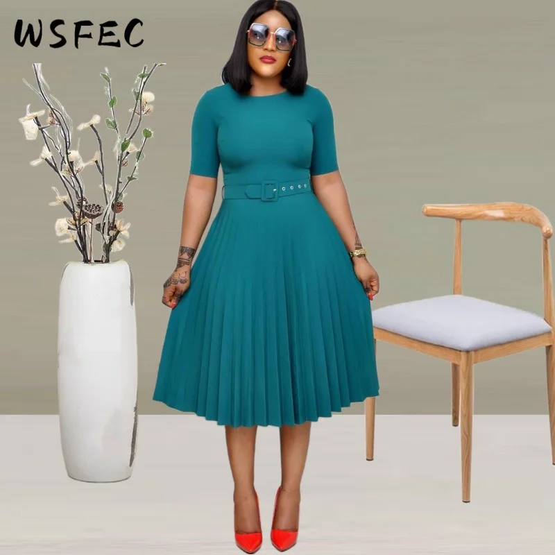 

WSFEC 2023, африканская Женская одежда, весенне-летние повседневные платья, однотонное Плиссированное Платье-миди с коротким рукавом, женские наряды, Прямая поставка