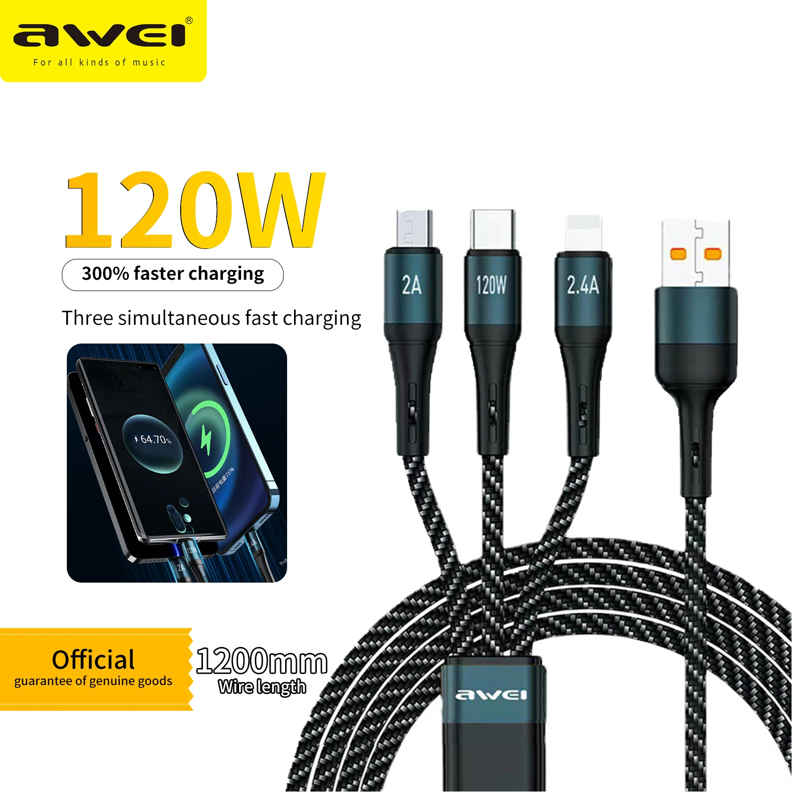 Awei CL-972 3 в 1 кабель для быстрой зарядки 120 Вт Мульти Usb-порт зарядный Шнур USB Type-C Micro Дата-кабель для iPhone Xiaomi Huawei