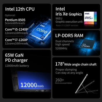 ONE-NETBOOK T1 Laptops Windows 2-IN-1 Tablet Intel 12th Gen i7-1260P i5-1240P 16G+512GB/1TB/2TB 13" IPS 4096 Stylus Pen Wifi 6 2