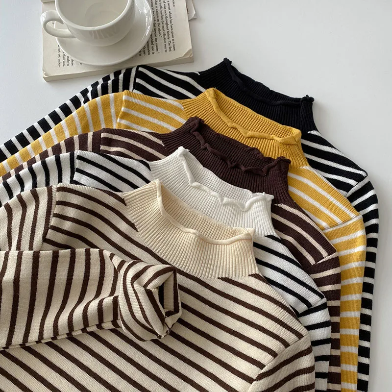 

Soft Striped Knitted Women Sweater Pullovers Autumn Mock Neck Long-Sleeved Casual All Match Female Pulls Top Quality
