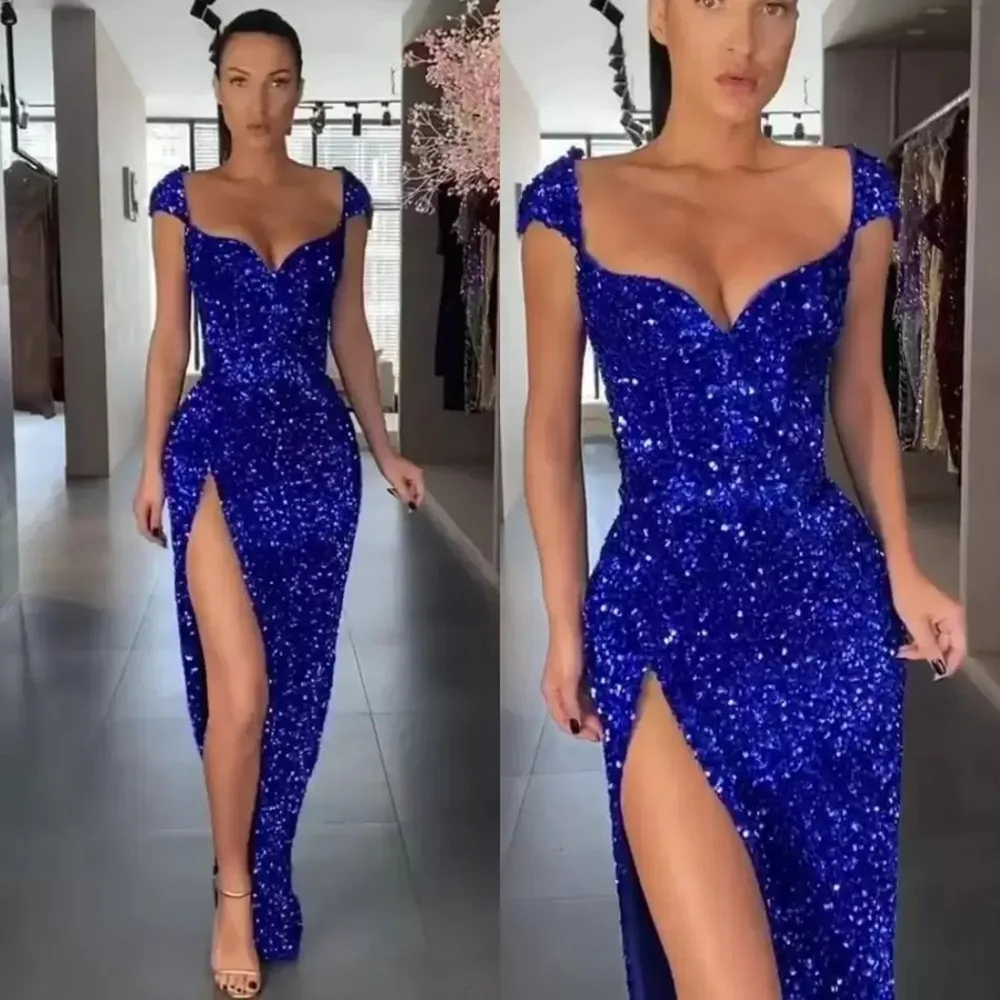 Купи 2022Royal Blue Mermaid Prom Dress Sequined Lace Long Sleeve Luxury Elegant Women's Evening Dress llusion Robes De Soiree 프롬 드레스 за 6,119 рублей в магазине AliExpress